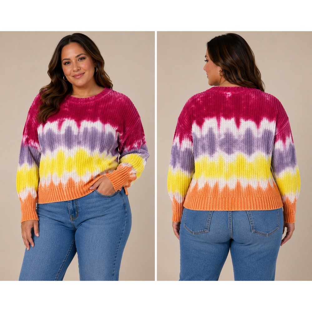 Wild Fable Pink Purple Yellow Orange Tie Dye Ribbed Crewneck Sweater Womens L